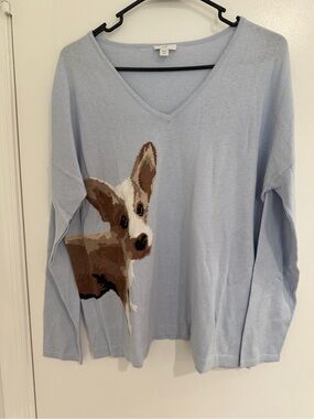 J.Jill Lulu Corgi Dog Sweater Blue V Neck Novelty Knit Cottagecore Preppy M
